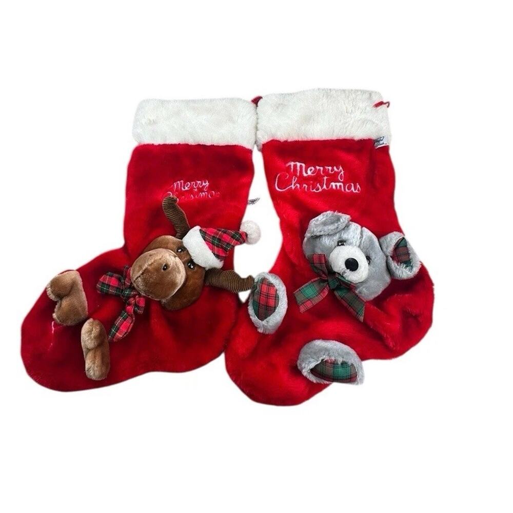 Vtg Chrisha Playful Plush Christmas Stockings 3D Mouse & Moose Red 1988 READ